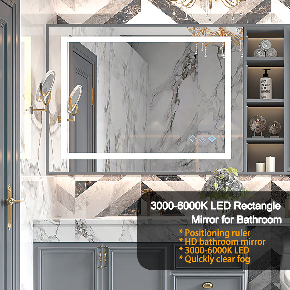 Leoglint 32x24inch Glossy Brushed Silver 3000-6000K LED Bathroom Mirror With Lights,Anti-Fog Dimmable Lighted Wall Mounted Vanity Mirror Master Bath Modern Makeup(Only mirrors, not cabinets)Horizontal&Vertical