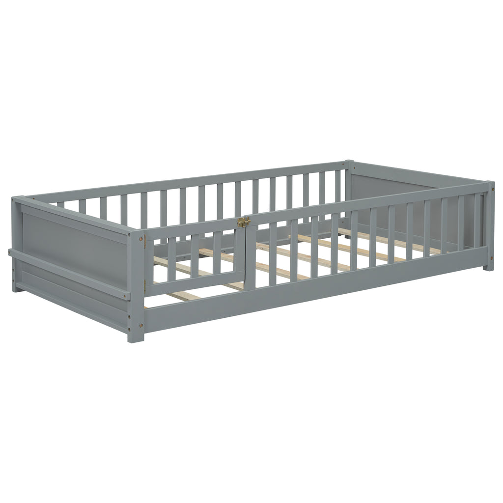 Leoglint Twin size Floor Platform Bed Frame with Built-in Book Storage Rack, Door,Grey