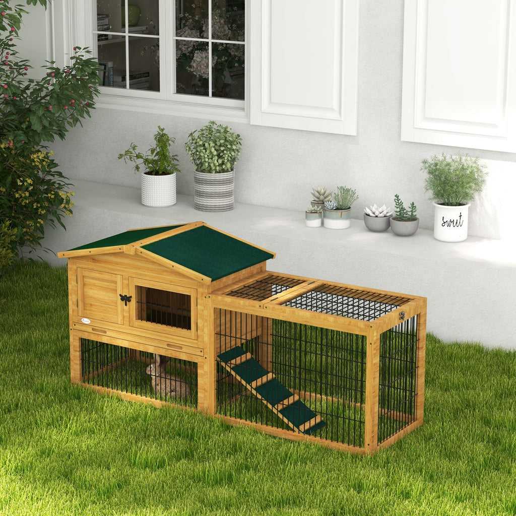 Leoglint 2 Levels Outdoor Rabbit Hutch with Openable Top, 59" Wooden Large Rabbit Cage with Run Weatherproof Roof, Removable Tray, Ramp, Yellow