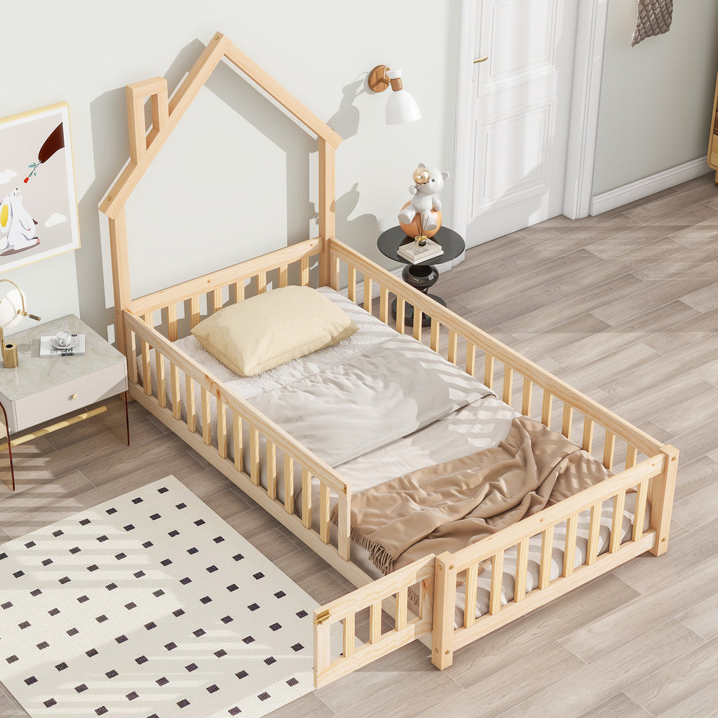 Twin House-Shaped Headboard Floor Bed Frame with Fence,Natural