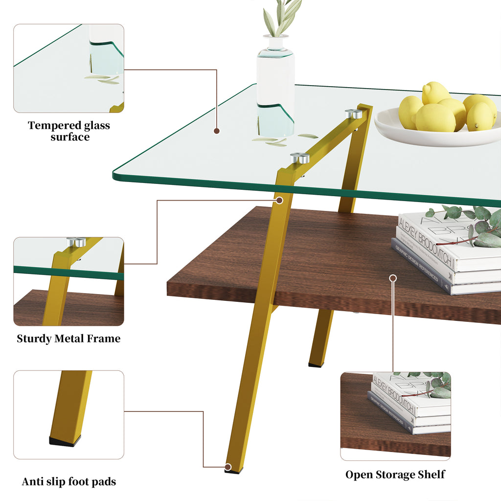 Leoglint Rectangle Coffee Table, Tempered Glass Tabletop with Gold Metal Legs, Modern Table for Living Room , Transparent Glass