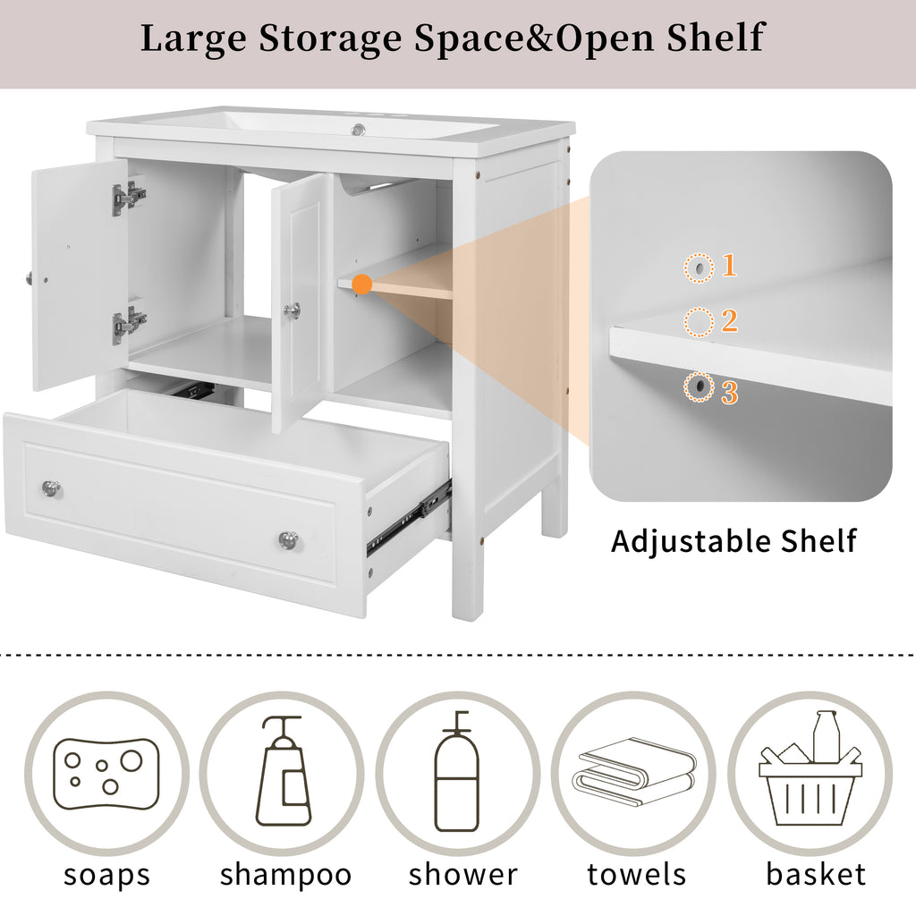 Leoglint 30" Bathroom Vanity Base Only, Solid Wood Frame, Bathroom Storage Cabinet with Doors and Drawers, White