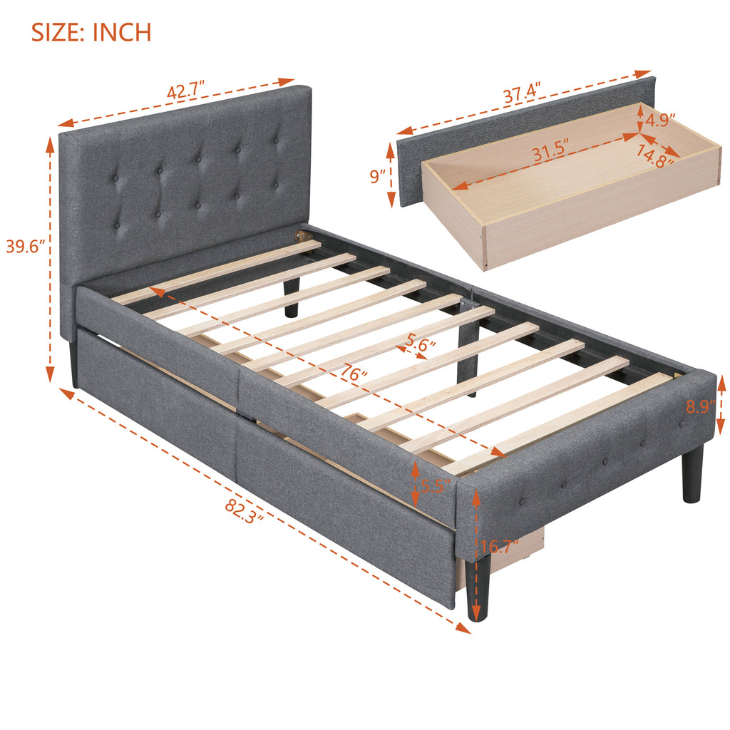 Leoglint Twin Size Upholstered Platform Bed Frame with 2 Drawers, Gray