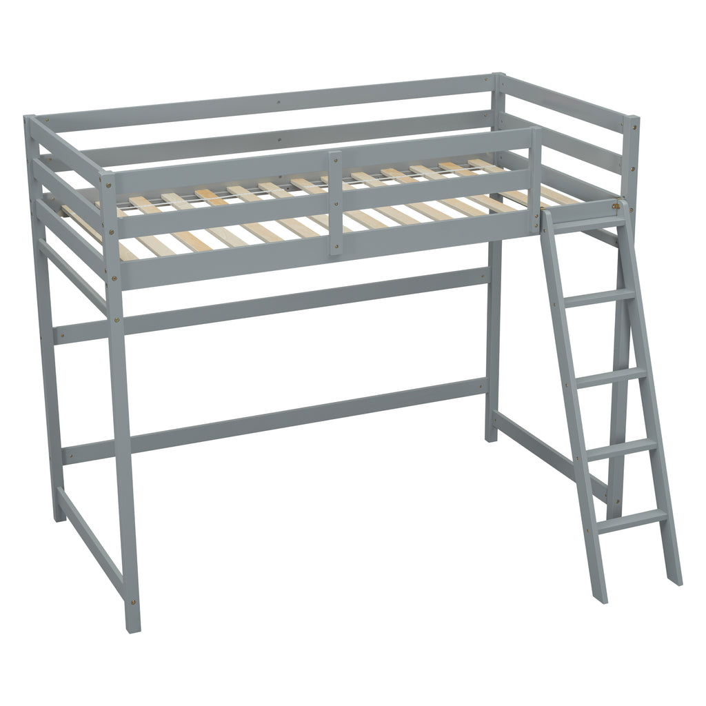 Leoglint Twin Size High Loft Bed Frame with inclined Ladder, Guardrails,Grey