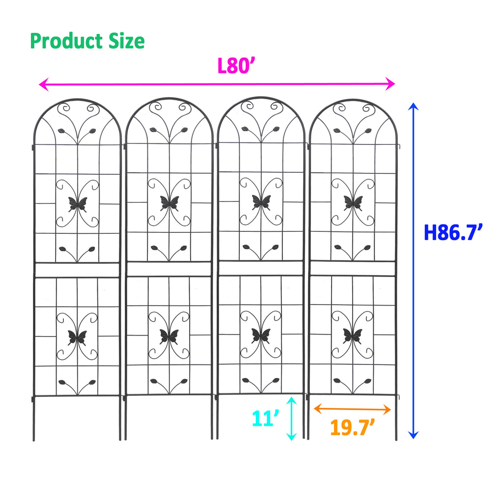 Leoglint 4 Pack Metal Garden Trellis 86.7" x 19.7" Rustproof Trellis for Climbing Plants Outdoor Flower Support Black