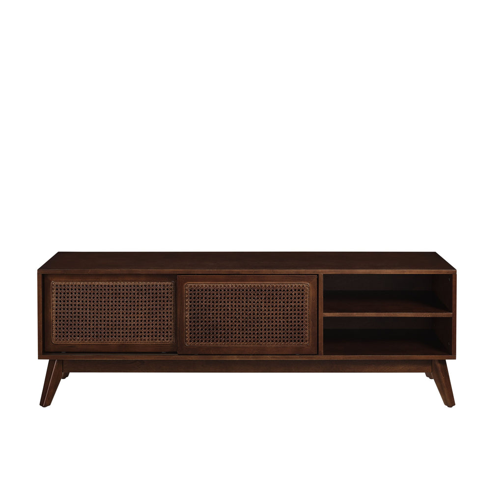 Leoglint 59 Inch Mid Century Modern Rattan TV Stand for 65 Inch TV, Entertainment Cabinet, Media Console for Living Room Bedroom Media Room, Solid Wood Feet & Rattan Cabinet Doors - Dark Wood