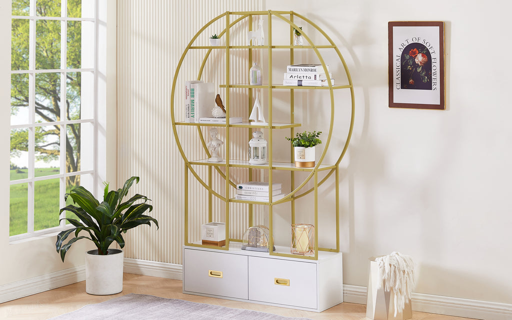 Leoglint 70.8 Inch Round Office Bookcase Bookshelf, Display Shelf, Two Drawers, Gold Frame