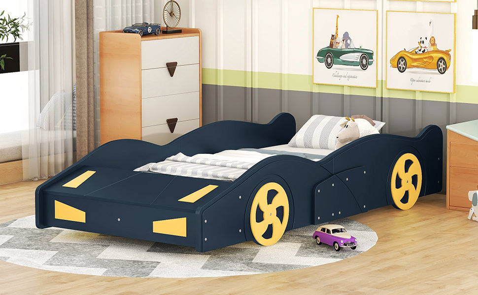 Leoglint Twin Size Race Car-Shaped Platform Bed Frame with Wheels and Storage, Dark Blue+Yellow