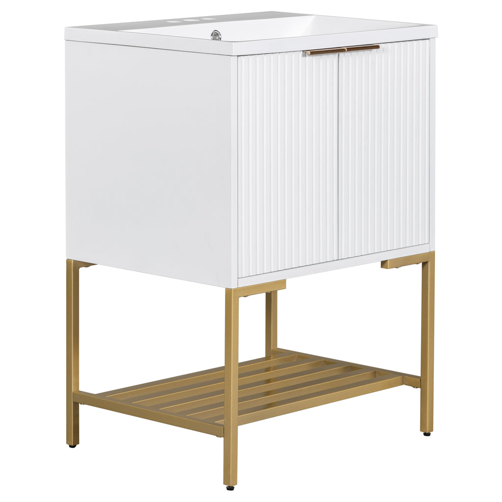 Leoglint 24" Bathroom Vanity with Sink, Bathroom Vanity Cabinet with Two Doors and Gold Metal Frame, Open Storage Shelf, White