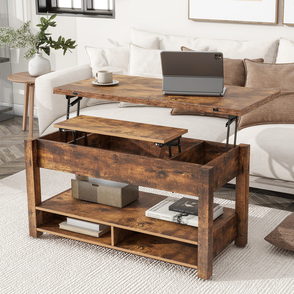 Leoglint [VIDEO provided] ON-TREND Lift Top Coffee Table, Multi-Functional Coffee Table with Open Shelves, Modern Lift Tabletop Dining Table for Living Room, Home Office, Rustic Brown