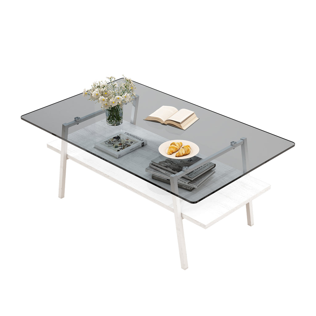 Leoglint Rectangle Coffee Table, Tempered Glass Tabletop with White Metal Legs, Modern Table for Living Room , Gray Glass