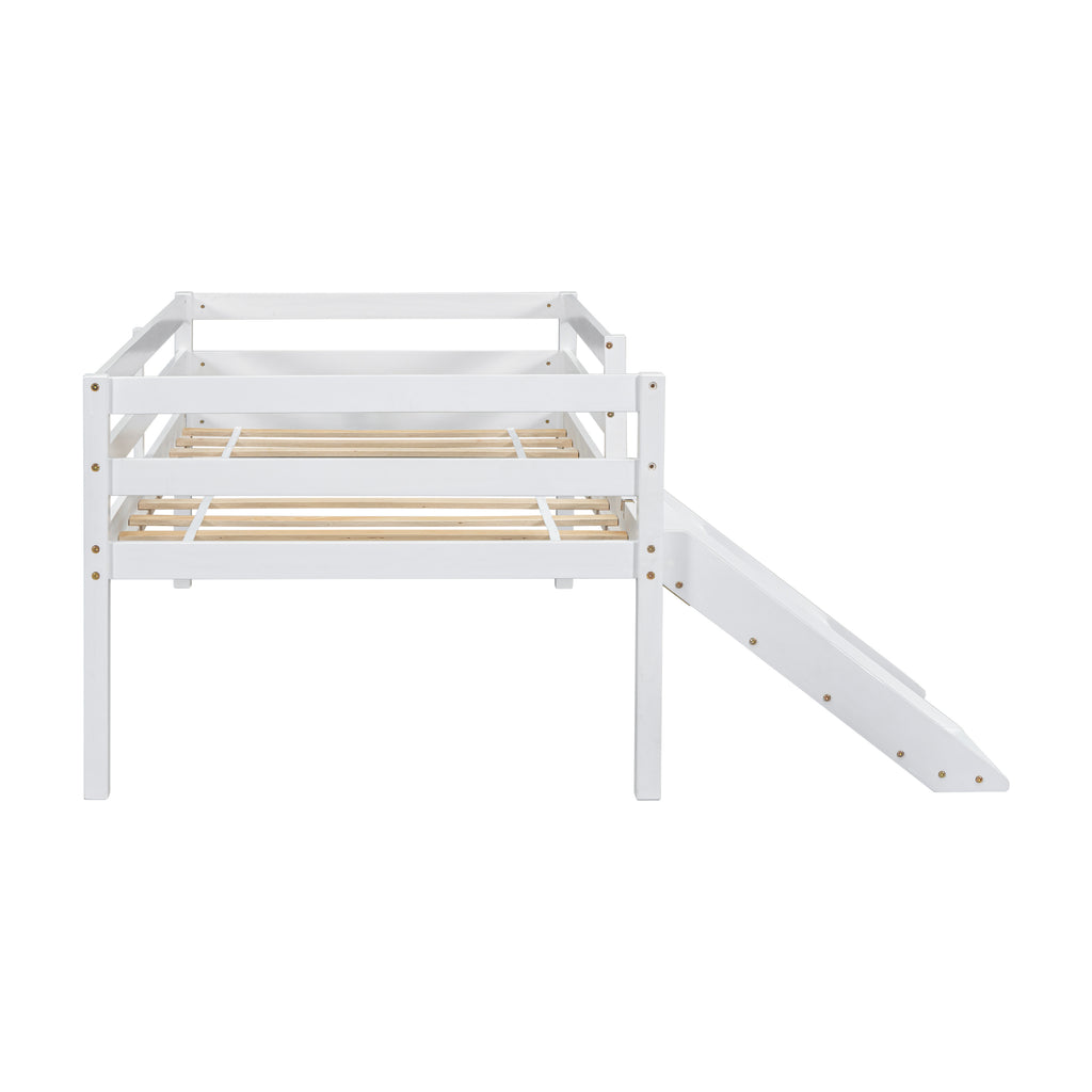 Twin Low Loft Bed Frame with Slide,  Ladder, Safety Guardrails, No Box Spring Needed,White