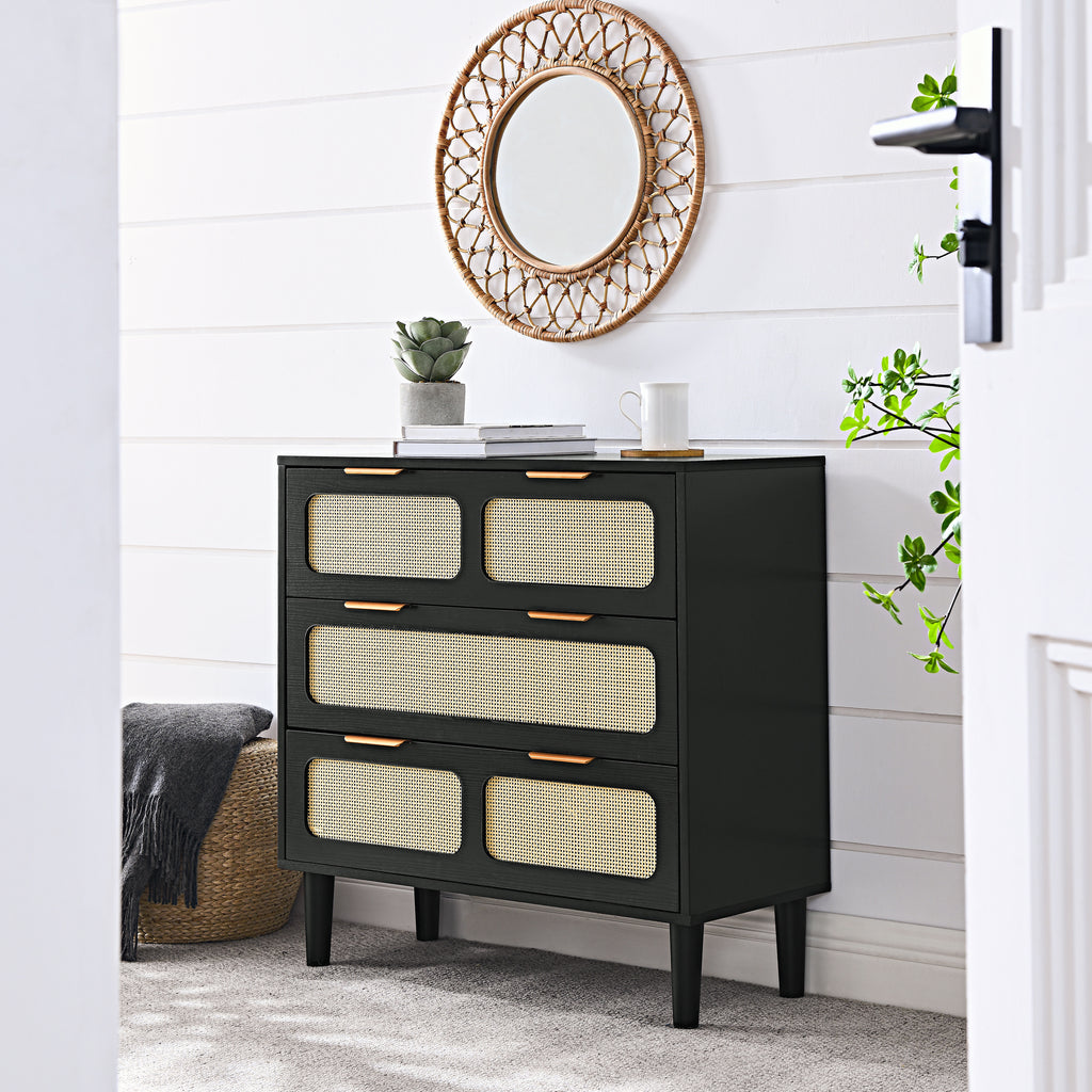 Leoglint 3 drawer dresser,Drawer Chest, modern rattan dresser cabinet with wide drawers and metal handles, farmhouse wooden storage chest of drawers for room, living room, hallway, entrance, office