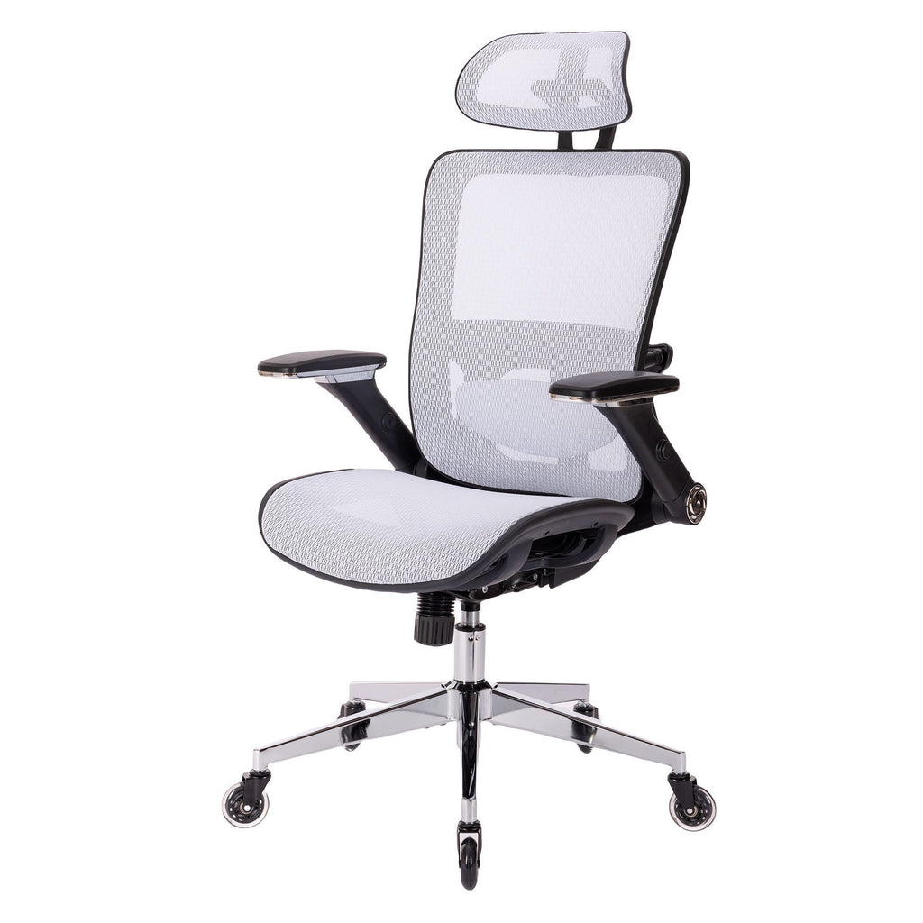 Leoglint WHITE Ergonomic Mesh Office Chair, High Back - Adjustable Headrest with Flip-Up Arms, Tilt and lock Function, Lumbar Support and blade Wheels, KD chrome metal legs