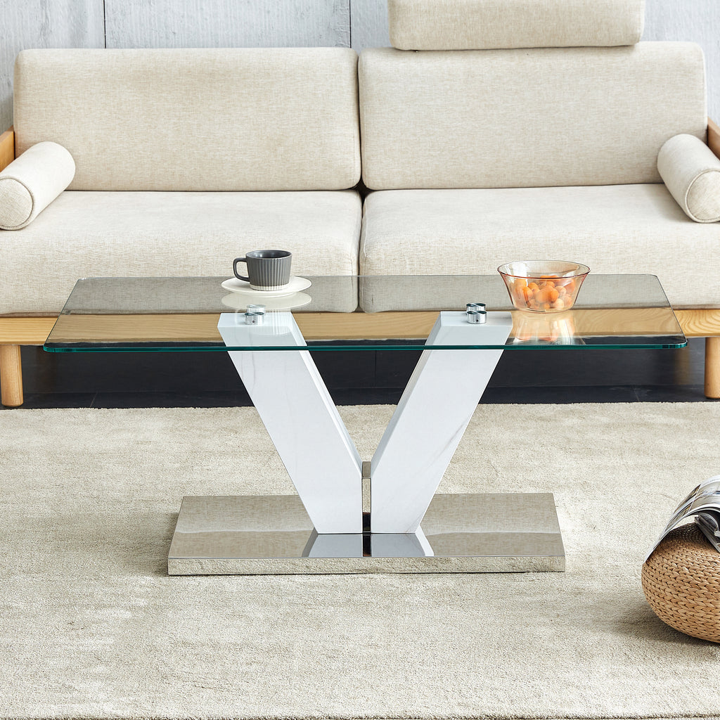 Leoglint Modern minimalist coffee table. Transparent tempered glass tabletop with silver MDF pillars. Suitable for living room and dining room