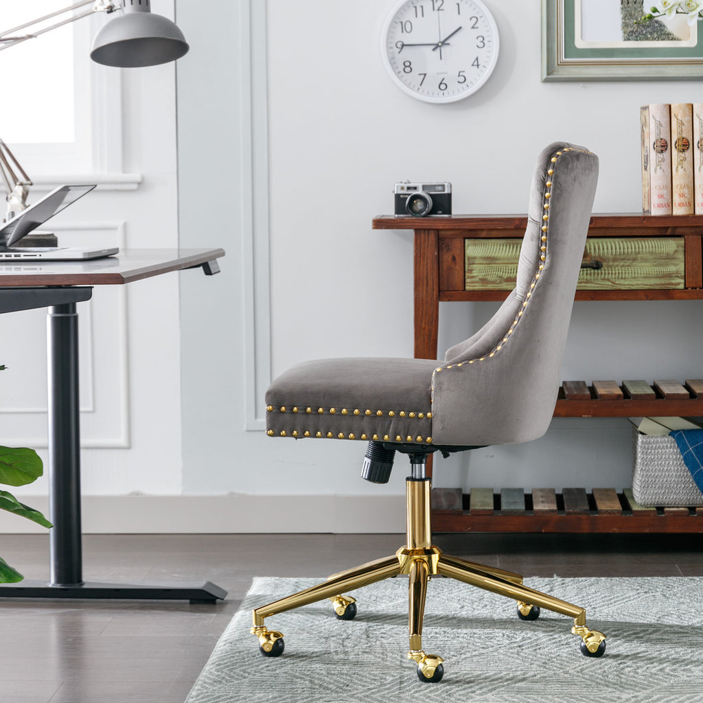 Leoglint A&A Furniture Office Chair,Velvet Upholstered Tufted Button Home Office Chair with Golden Metal Base,Adjustable Desk Chair Swivel Office Chair (Gray)