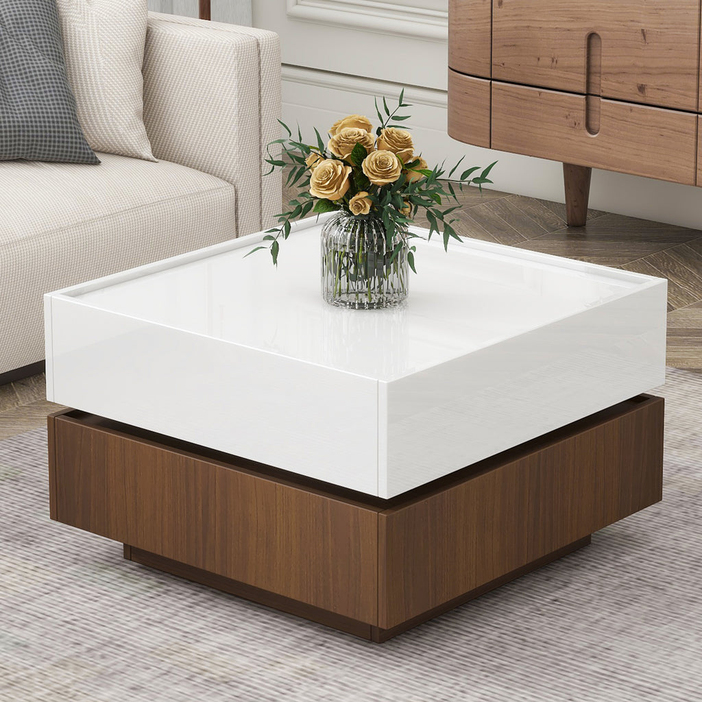 Leoglint [VIDEO provided] ON-TREND Square 360°Rotating Coffee Table with 2 Drawers, High Gloss 2-Tier Center Table with Swivel Tabletop and Storage, Walnut Table Frame Side Table for Living Room, White