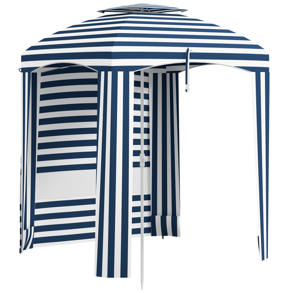 Leoglint 5.8' x 5.8' Portable Beach Outdoor Umbrella with Double-Top, Ruffled Outdoor Cabana with Walls, Vents, Sandbags, Carry Bag, Blue & White Stripe