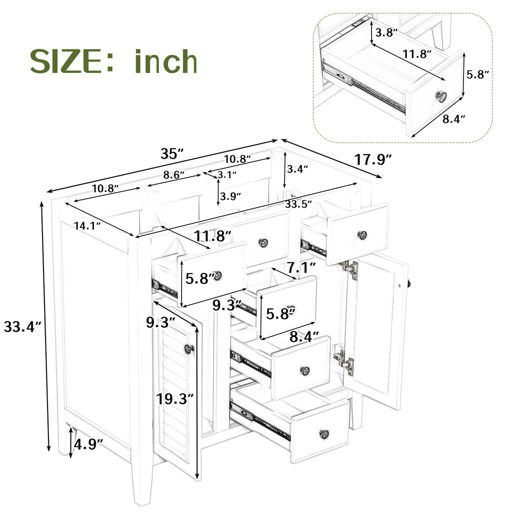 Leoglint 36" Bathroom Vanity without Sink, Cabinet Base Only, Two Cabinets and Five Drawers, Solid Wood Frame, Grey