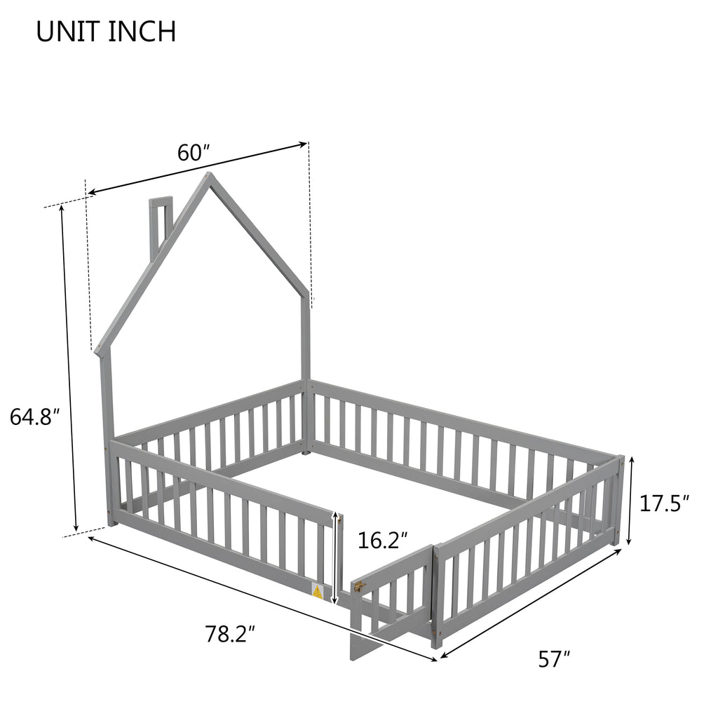 Leoglint Bed Frame Full House-Shaped Headboard Floor Bed with Fence ,Grey