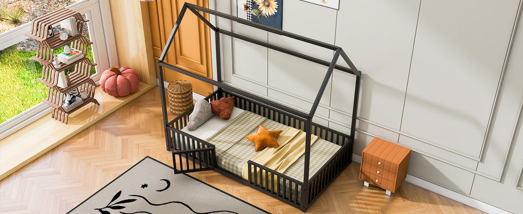 Leoglint Twin Size Metal House Bed Frame with Fence and Door, Black