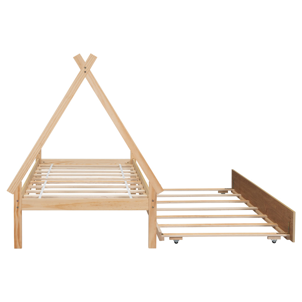 Leoglint Twin size Tent Floor Bed Frame, Teepee Bed, with Trundle,Natural