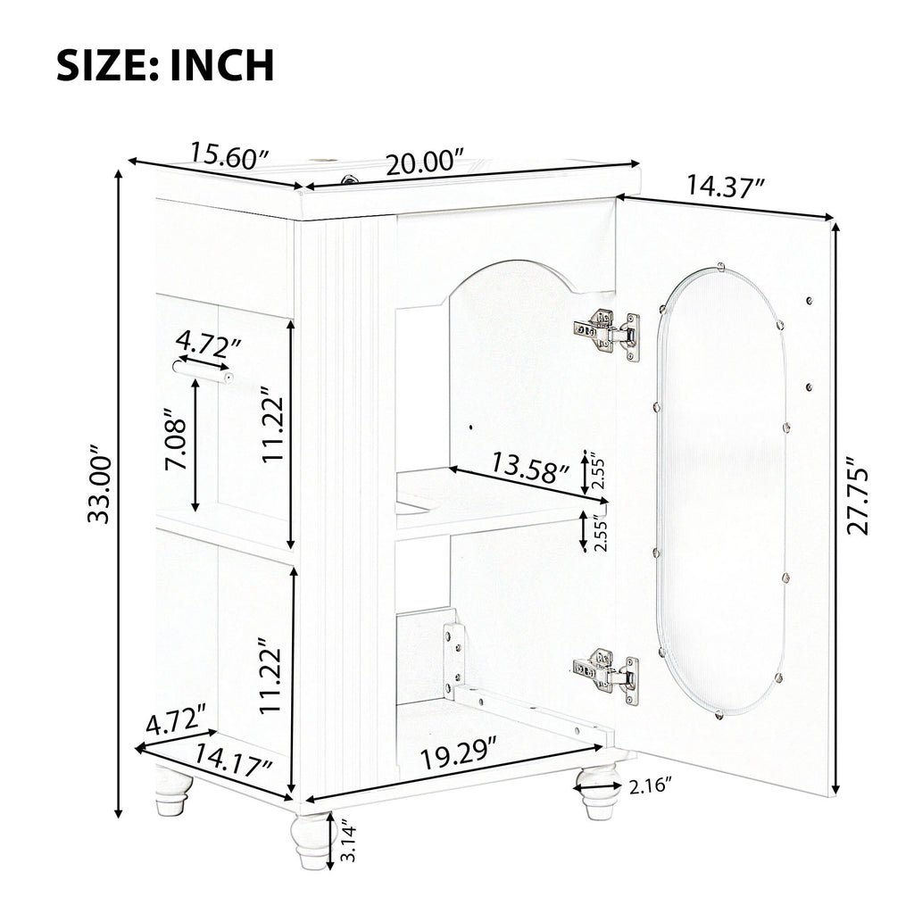 Leoglint 20" Bathroom Vanity with Sink, Bathroom Vanity Cabinet with Two-tier Shelf, Adjustable Shelf, Solid Wood and MDF, White