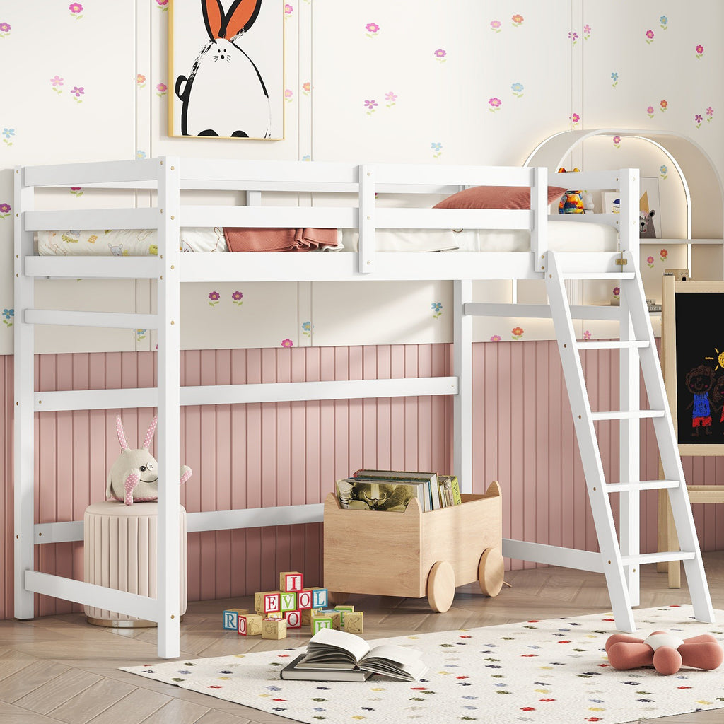 Leoglint Twin Size High Loft Bed Frame with inclined Ladder, Guardrails,White