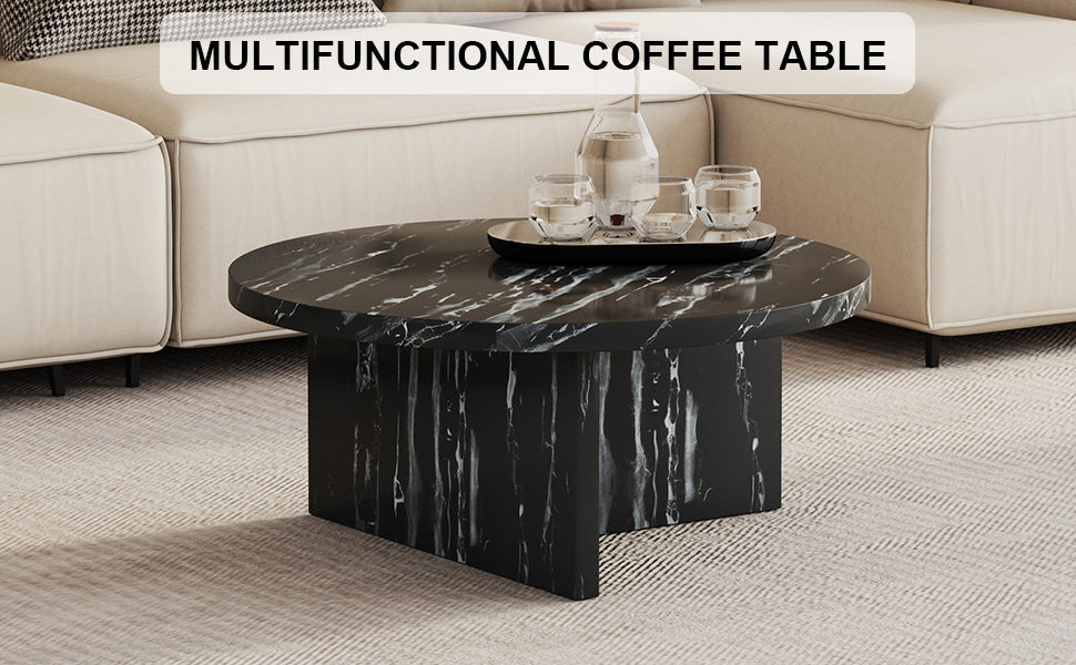 Leoglint Black MDF material circular coffee table with texture, 31.4 inch black middle table, modern tea table, suitable for small spaces, living room.