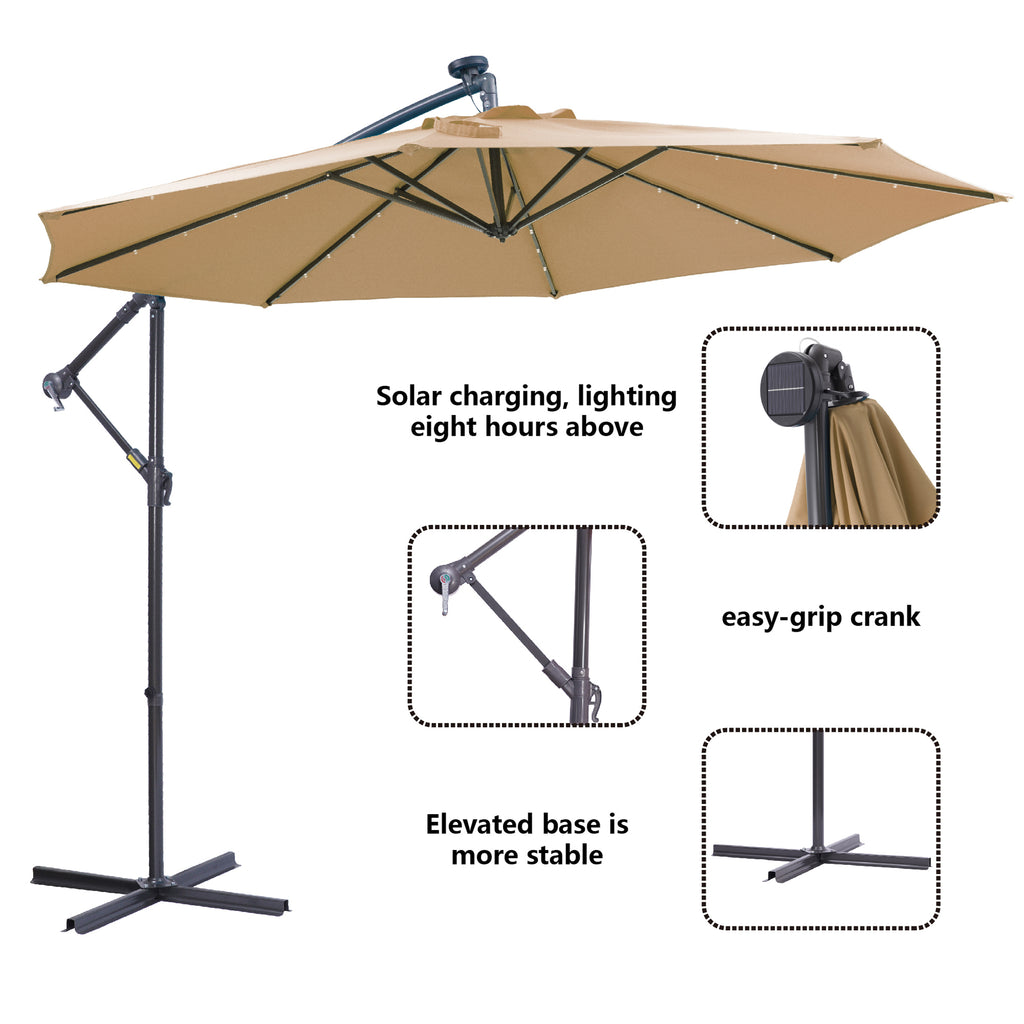 Leoglint 10 FT Solar LED Patio Outdoor Umbrella Hanging Cantilever Umbrella Offset Umbrella Easy Open Adustment with 32 LED Lights -taupe