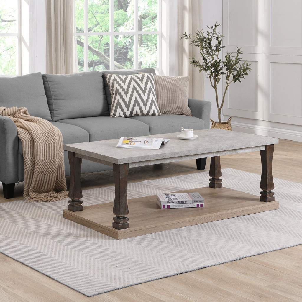 Leoglint Rectangle Mid-Century Coffee Table for Living Room, Wood Coffee Table with 2-Tier Storage Shelf, Square Center Table Wooden Accent Cocktail End Table for Home, Grey Tabletop