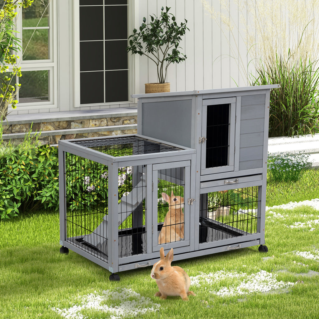 Leoglint Detachable Rabbit Hutch with Removable Tray and Rolling Casters, Gray+White