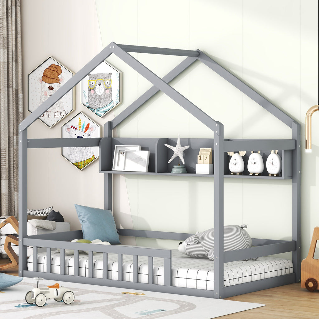 Leoglint Wooden Twin Size House Bed Frame with Storage Shelf,Kids Bed with Fence and Roof, Gray