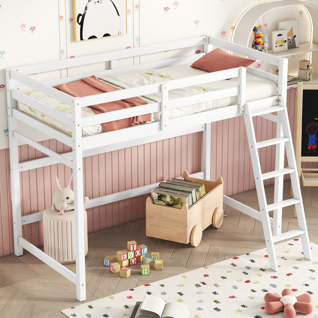 Leoglint Twin Size High Loft Bed Frame with inclined Ladder, Guardrails,White