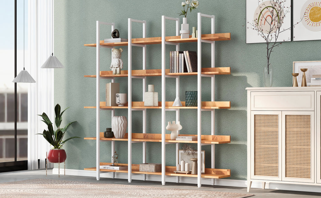 Leoglint 5 Tier Bookcase Home Office Open Bookshelf, Vintage Industrial Style Shelf, MDF Board, White Metal Frame, Brown