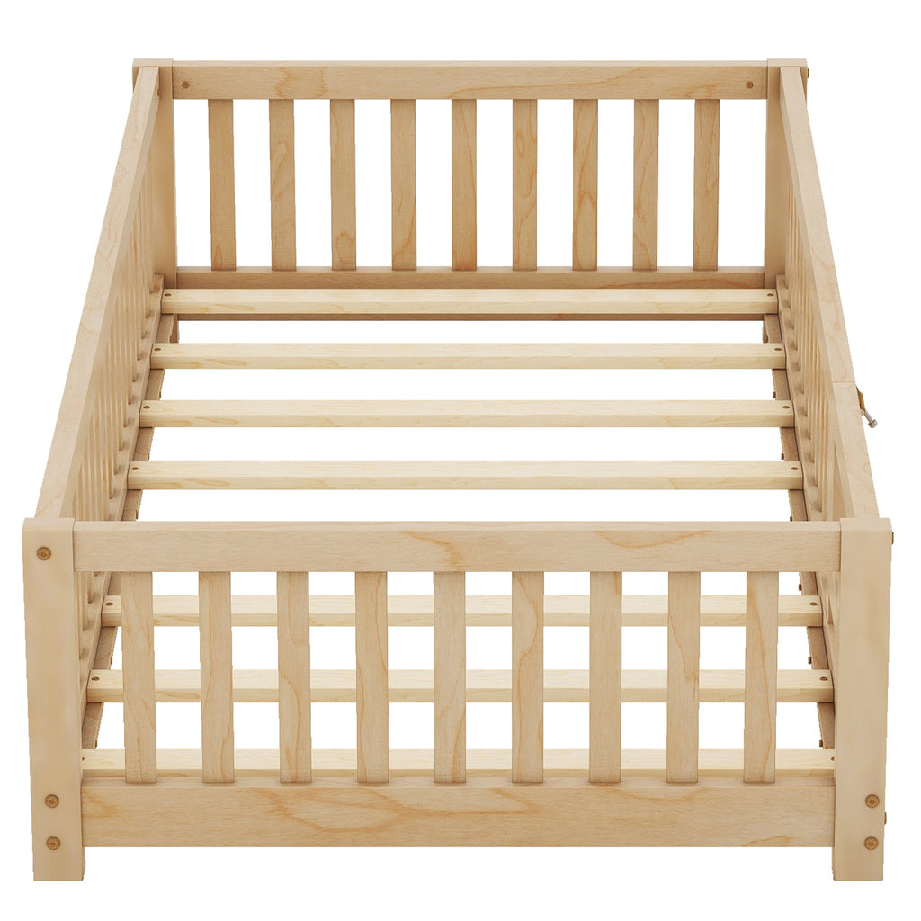 Leoglint Twin Size Bed Floor Bed Frame with Safety Guardrails and Door for Kids, Natural(Old SKU: W158090686)