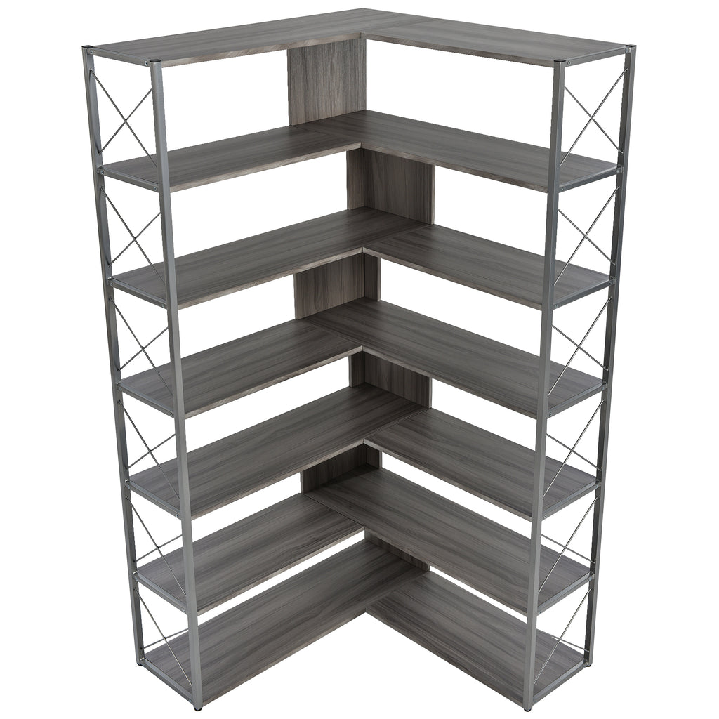 Leoglint Silver+Grey 7-Tier Bookcase Home Office Bookshelf,  L-Shaped Corner Bookcase with Metal Frame, Industrial Style Shelf with Open Storage, MDF Board