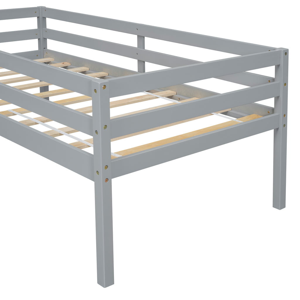 Twin Low Loft Bed Frame with Slide,  Ladder, Safety Guardrails, No Box Spring Needed,Grey