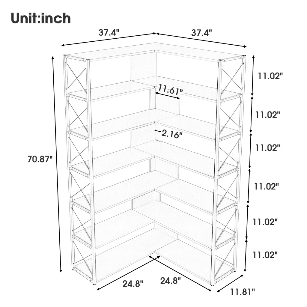 Leoglint Silver+Grey 7-Tier Bookcase Home Office Bookshelf,  L-Shaped Corner Bookcase with Metal Frame, Industrial Style Shelf with Open Storage, MDF Board