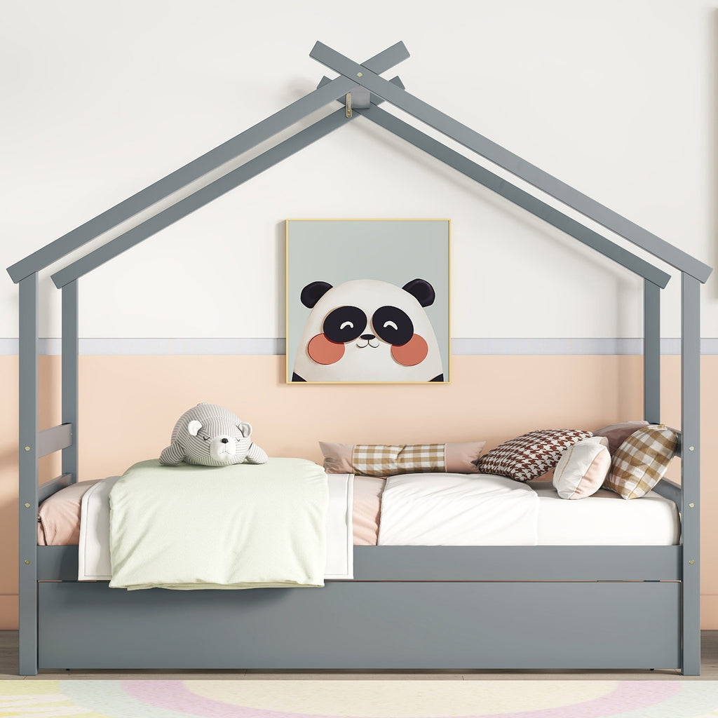 Leoglint Twin Size  House-shaped Bed Frame with Trundle,Grey