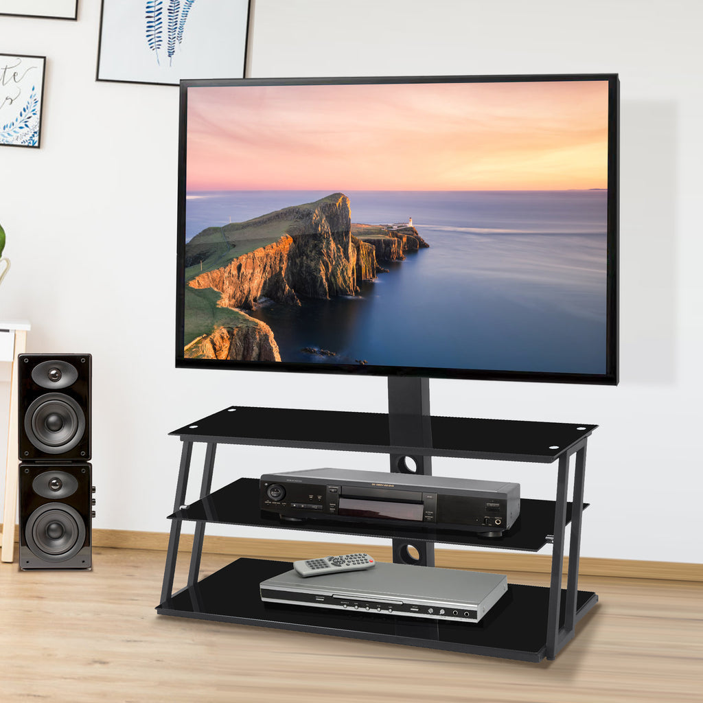 Leoglint Black Multi-Function Angle And Height Adjustable Tempered Glass  TV Stand