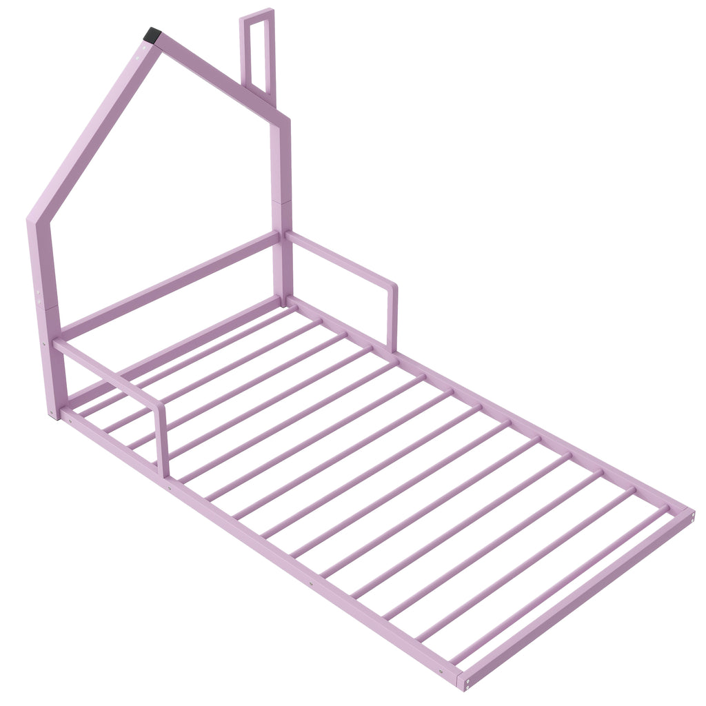 Leoglint Twin Size Metal Floor Bed  Frame with House-shaped Headboard, Pink