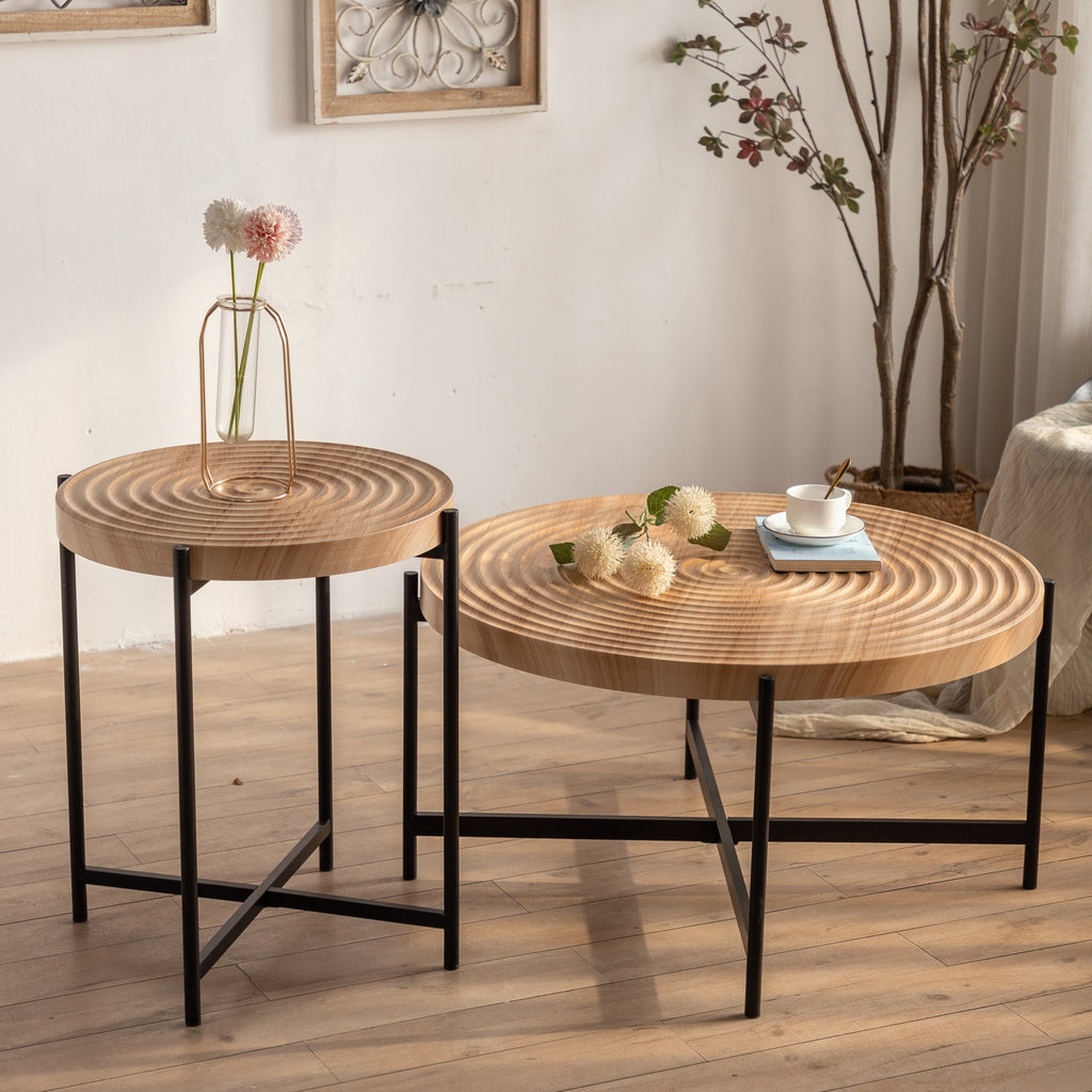 Leoglint Modern Thread Design Round Coffee Table , MDF Table Top with Cross Legs Metal Base(Set of 2 pcs )