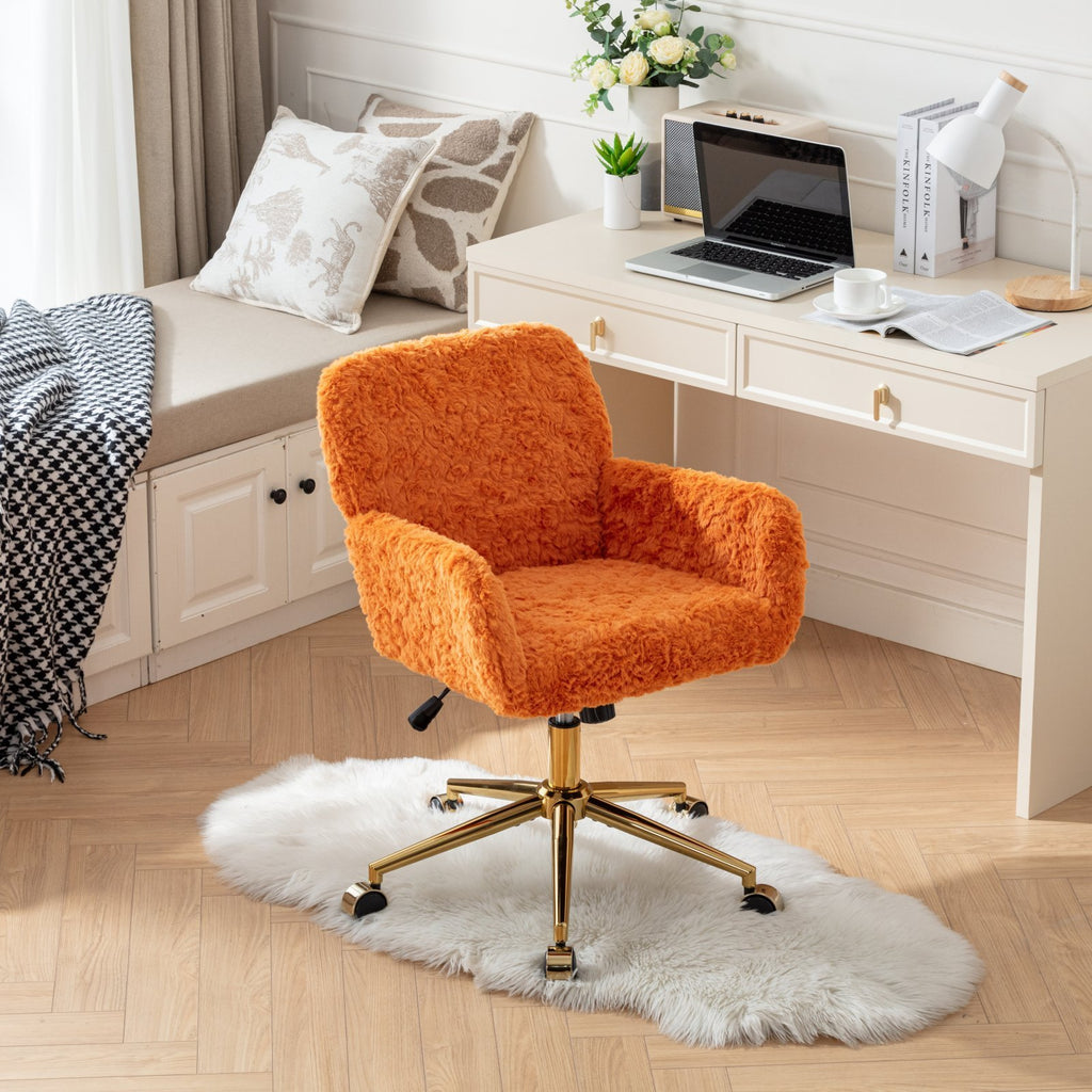 Leoglint A&A Furniture Office Chair,Artificial rabbit hair Home Office Chair with Golden Metal Base,Adjustable Desk Chair Swivel Office Chair,Vanity Chair(Orange)