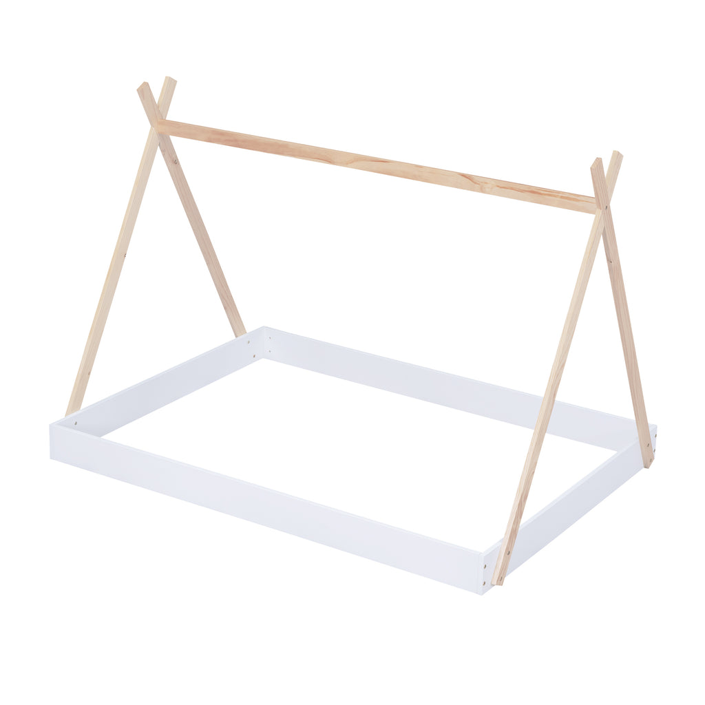 Leoglint Full Size Tent Floor Bed Frame with Triangle Structure, White+Natural