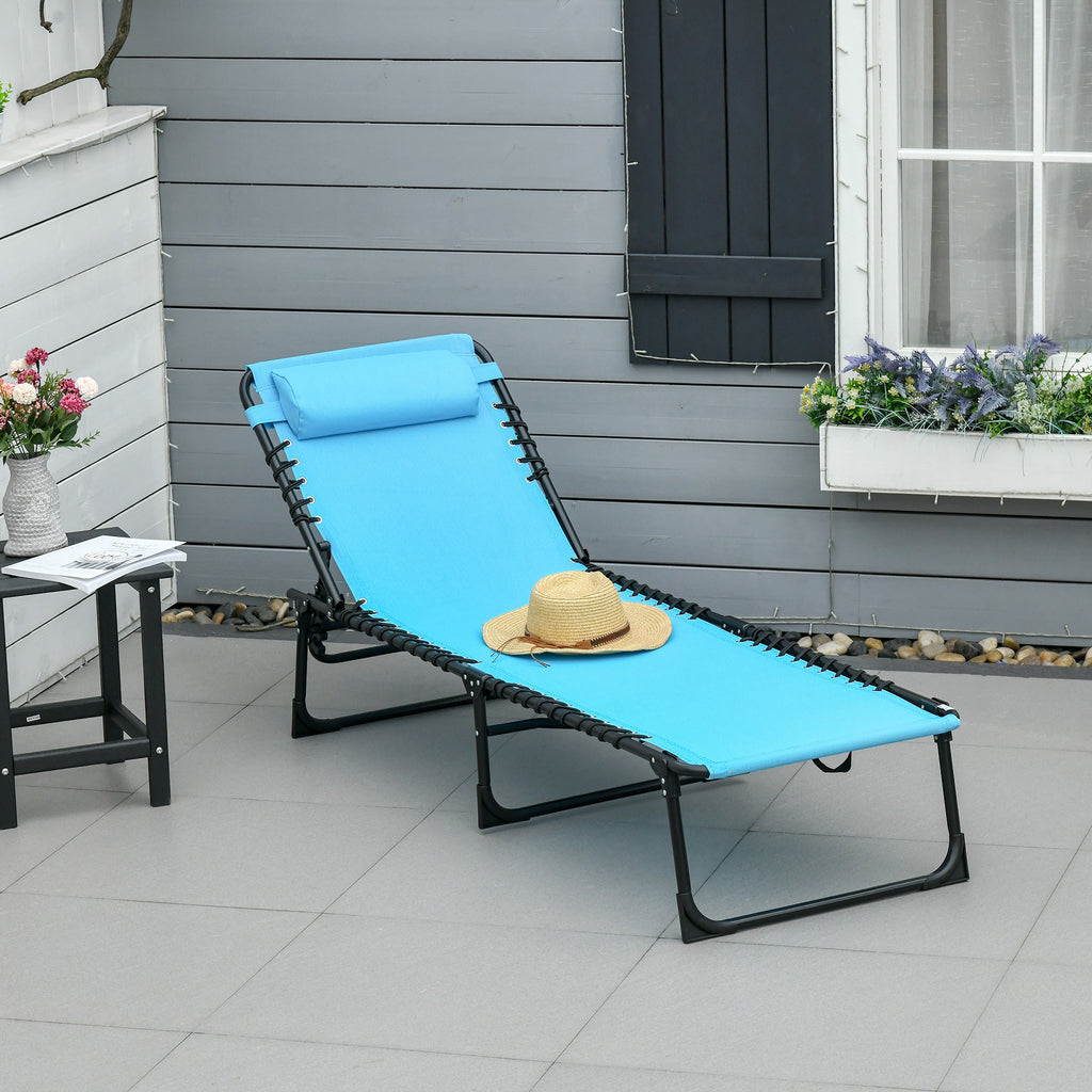 Leoglint Folding Chaise Lounge Pool Outdoor Chair, Patio Sun Tanning Chair, Outdoor Lounge Chair w/ 4-Position Reclining Back, Pillow, Breathable Mesh & Bungee Seat for Beach, Yard, Patio, Blue