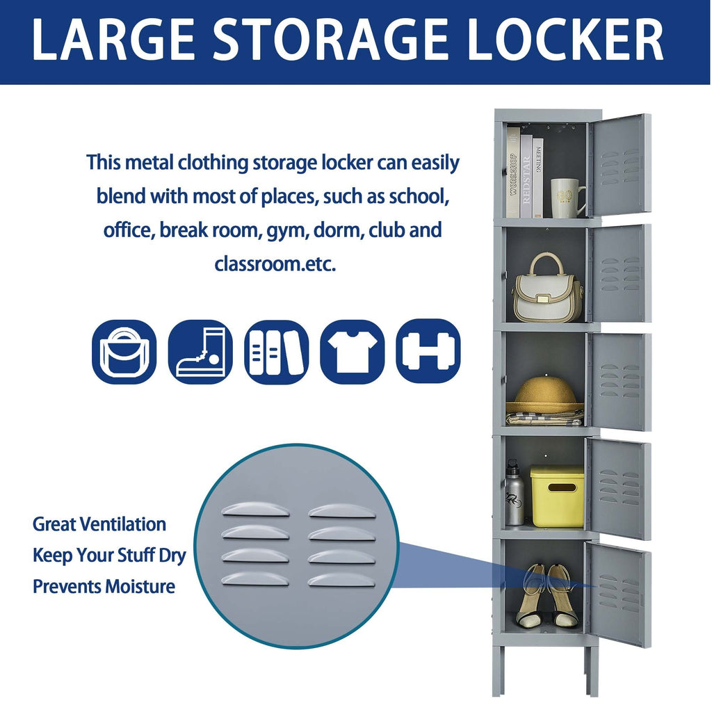 Leoglint 5 Door 66"H Metal Lockers With Lock for Employees,Storage Locker Cabinet  for Home Gym Office School Garage,Gray