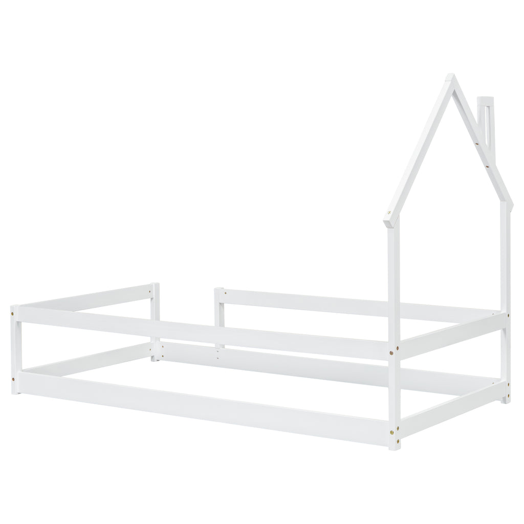 Leoglint Twin Size Wood bed frame with House-shaped Headboard Floor bed with Fences,White