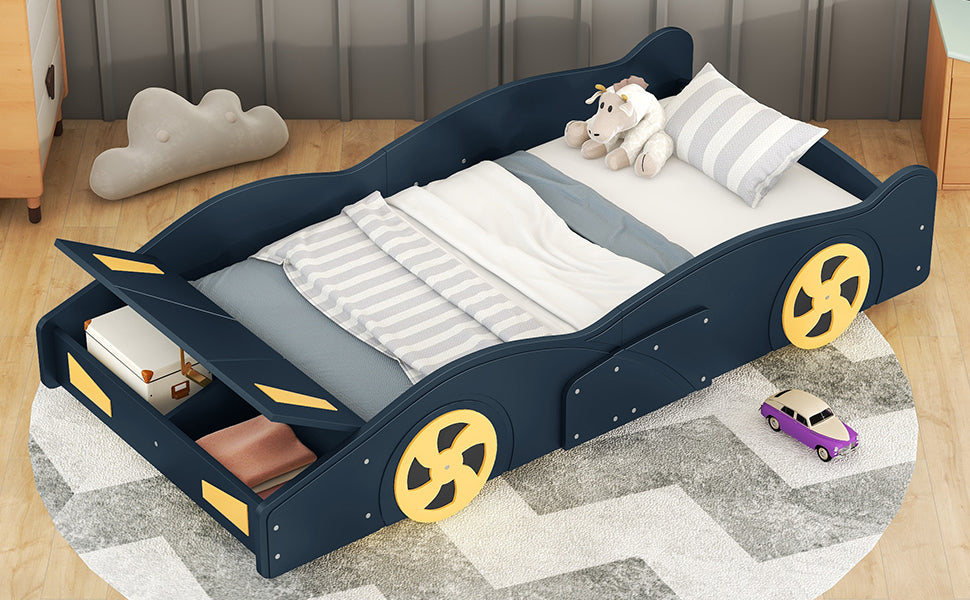 Leoglint Twin Size Race Car-Shaped Platform Bed Frame with Wheels and Storage, Dark Blue+Yellow