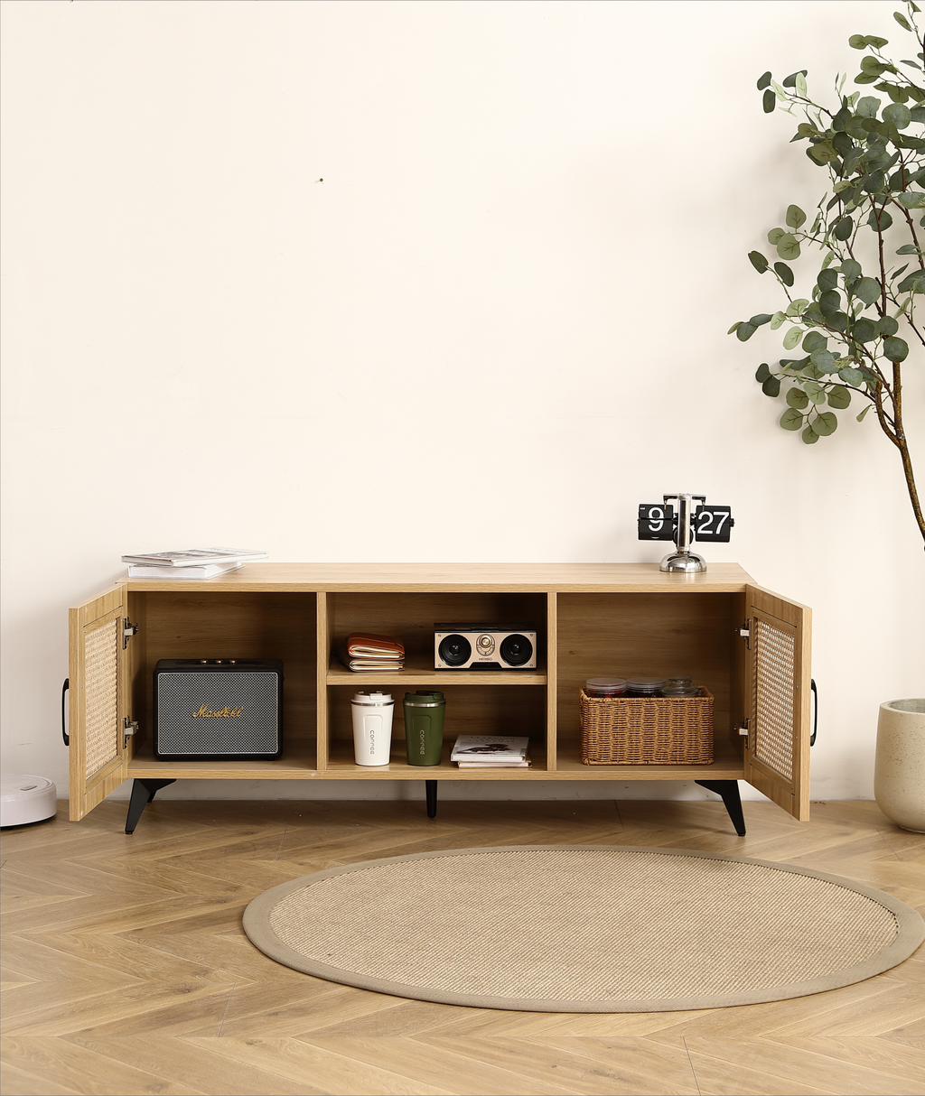 Leoglint Oak TV Stand,Rattan Storage Cabinet Net - Perfect for Family Entertainment Room 51.2inch